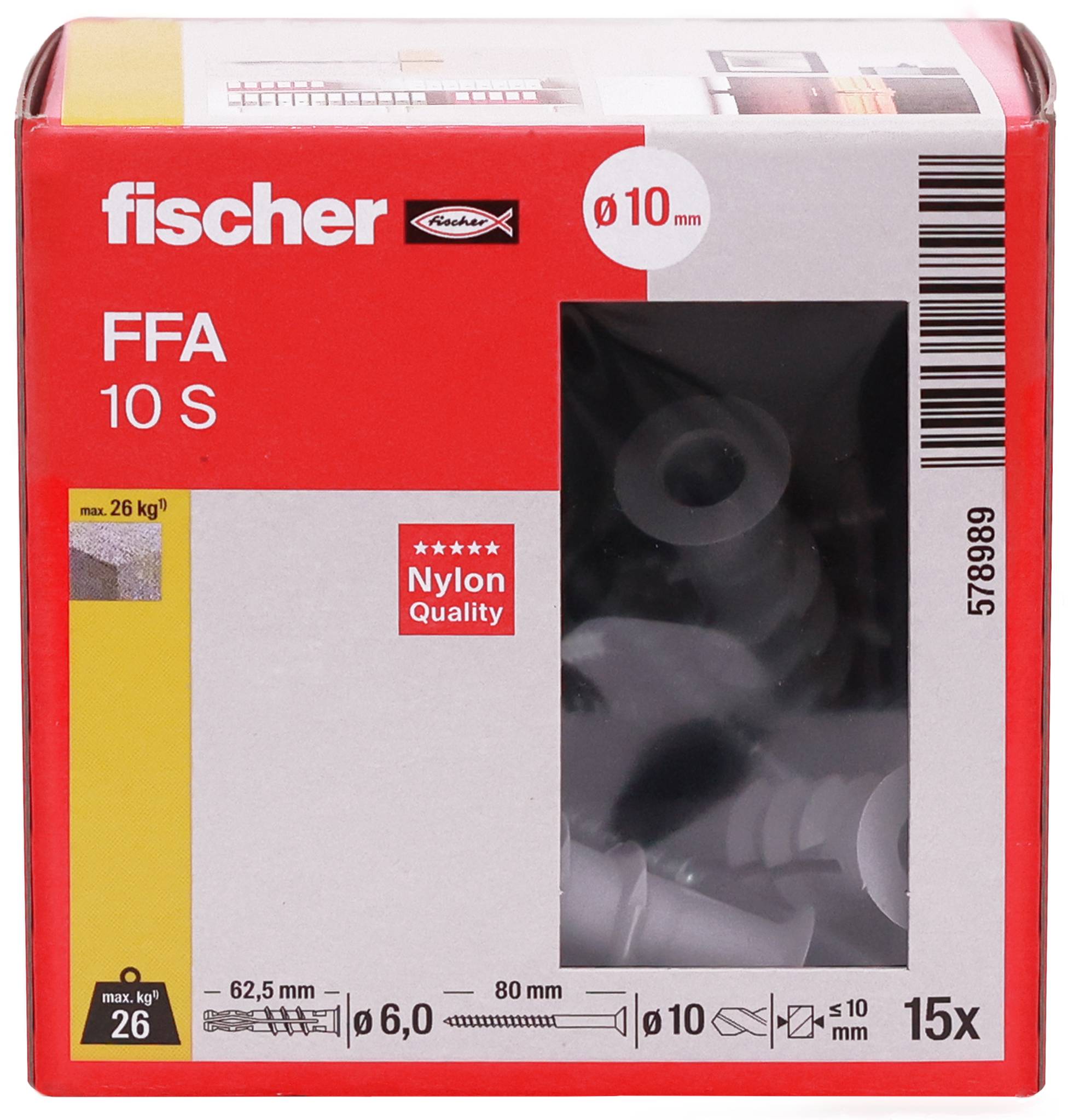 Paket nakovalk Fischer FFA 10 S iz nailona, premer 10 mm, 15-delni set, z oknom za proizvod in nalepkami za nosilnost.