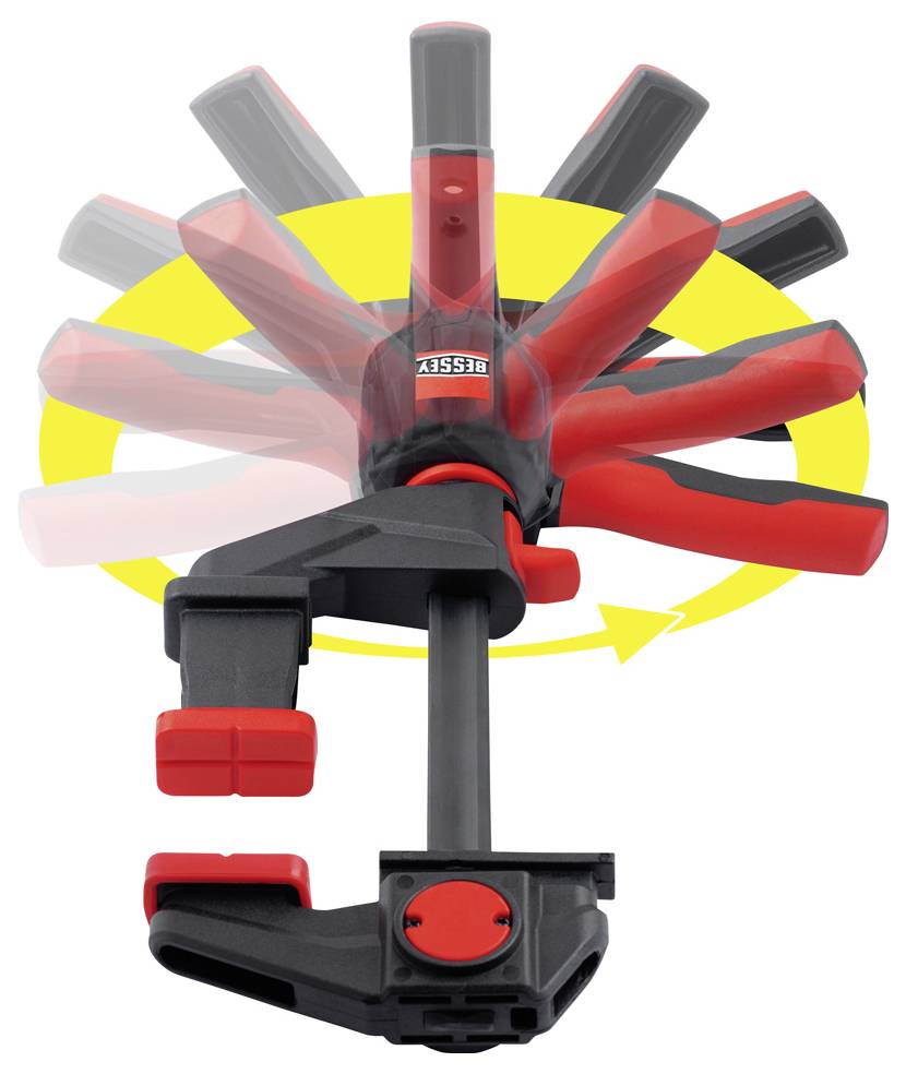 Črna in rdeča vrtljiva stisnilna orodja z več kotnimi čeljustmi prikazana v gibanju pred rumeno krožno puščico, kar nakazuje nastavljivo rotacijo.