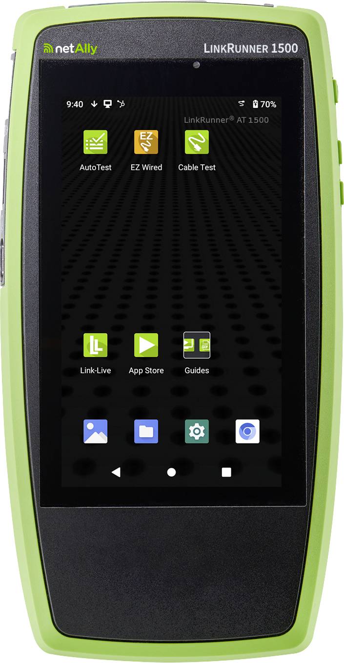 Prenosni omrežni tester netAlly LinkRunner 1500 z domačim zaslonom, ki prikazuje ikone aplikacij za AutoTest, EZ Wired, Cable Test, Link-Live, App Store in Guides.