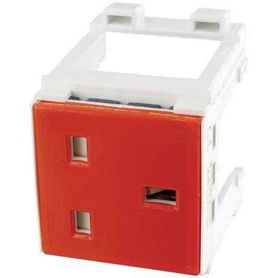 Rdeč električni stenski modul z dvema pravokotnikoma odprtinama, prikazan v belem plastičnem pritrdilnem okviru na enostavni ozadju.