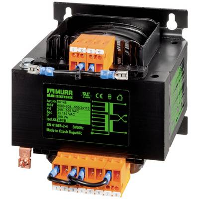 Črni električni transformator ali močnostni modul z oranžnimi terminalnimi bloki in zeleno nalepko Murr Elektronik, prikazan na belem ozadju.