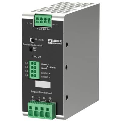 Murr Elektronik Emparro20 – Napreden napajalnik s označenimi terminalnimi bloki, indikatorjem DC OK, izhodi za alarm/inhibicijo in stikalom za nastavitev napetosti.