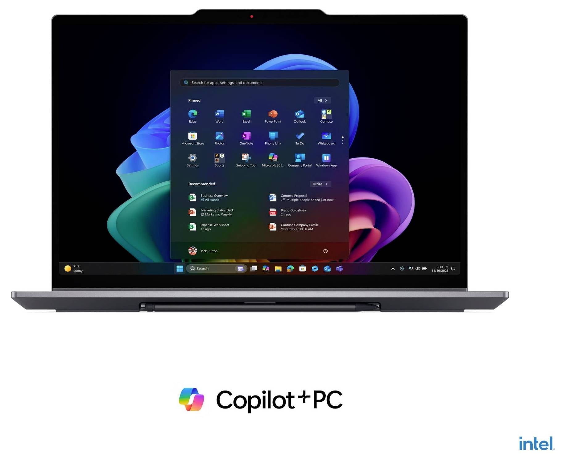 Prenosnik, ki prikazuje Windows 11 Start meni s 'Copilot+ PC' in Intel blagovno znamko spodaj.