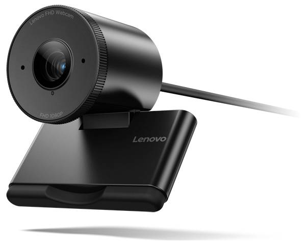 Črna Lenovo FHD spletna kamera z lečo in pritrjeno osnovo, povezana s kablom na belem ozadju.