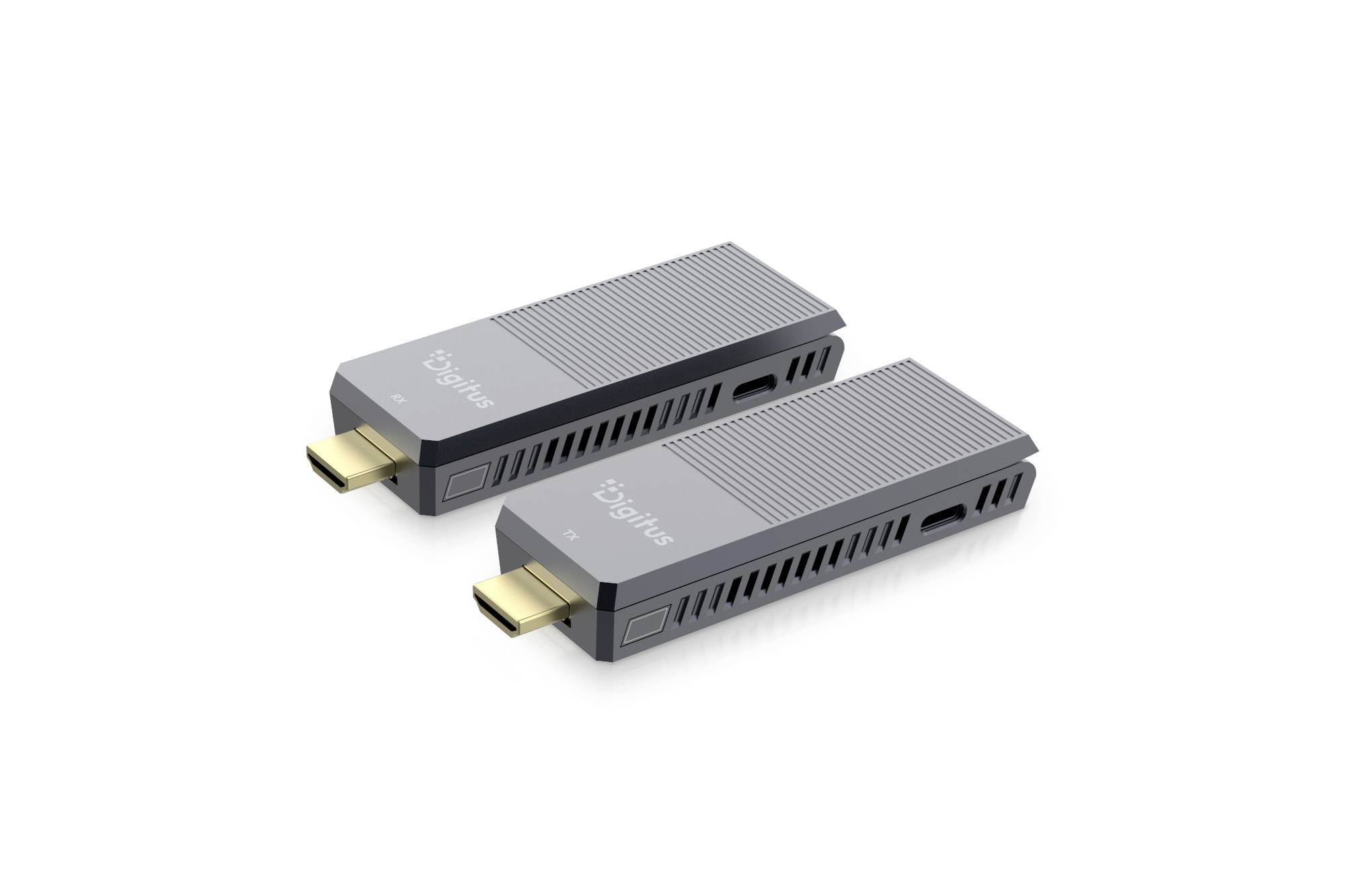 Dva siva HDMI palična medijska predvajalnika z zlatimi priključki prikazana na belem ozadju.