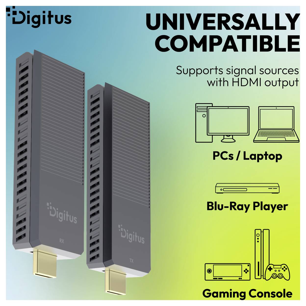 Digitus HDMI adapter par z oznako 'Univerzalno kompatibilen,' ki podpira HDMI izhod iz osebnih računalnikov/prenosnikov, Blu-Ray predvajalnikov in iger konzol.