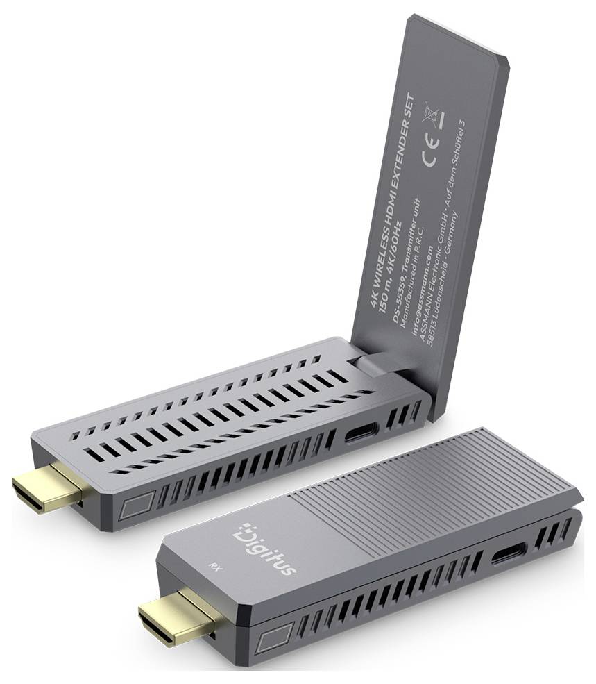 Dve kompaktni sivi napravi USB-C brezžični HDMI razširjalnik, ena s pregibnim antenskim stojalom in zlatimi USB-C priključki, prikazani na belem ozadju.