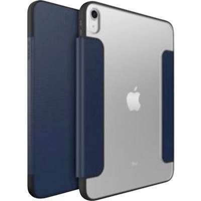 Pogled od zadaj na srebrni Apple iPad v temno modrem folio pokrovu, ki prikazuje zadnjo kamero in logotip Apple.
