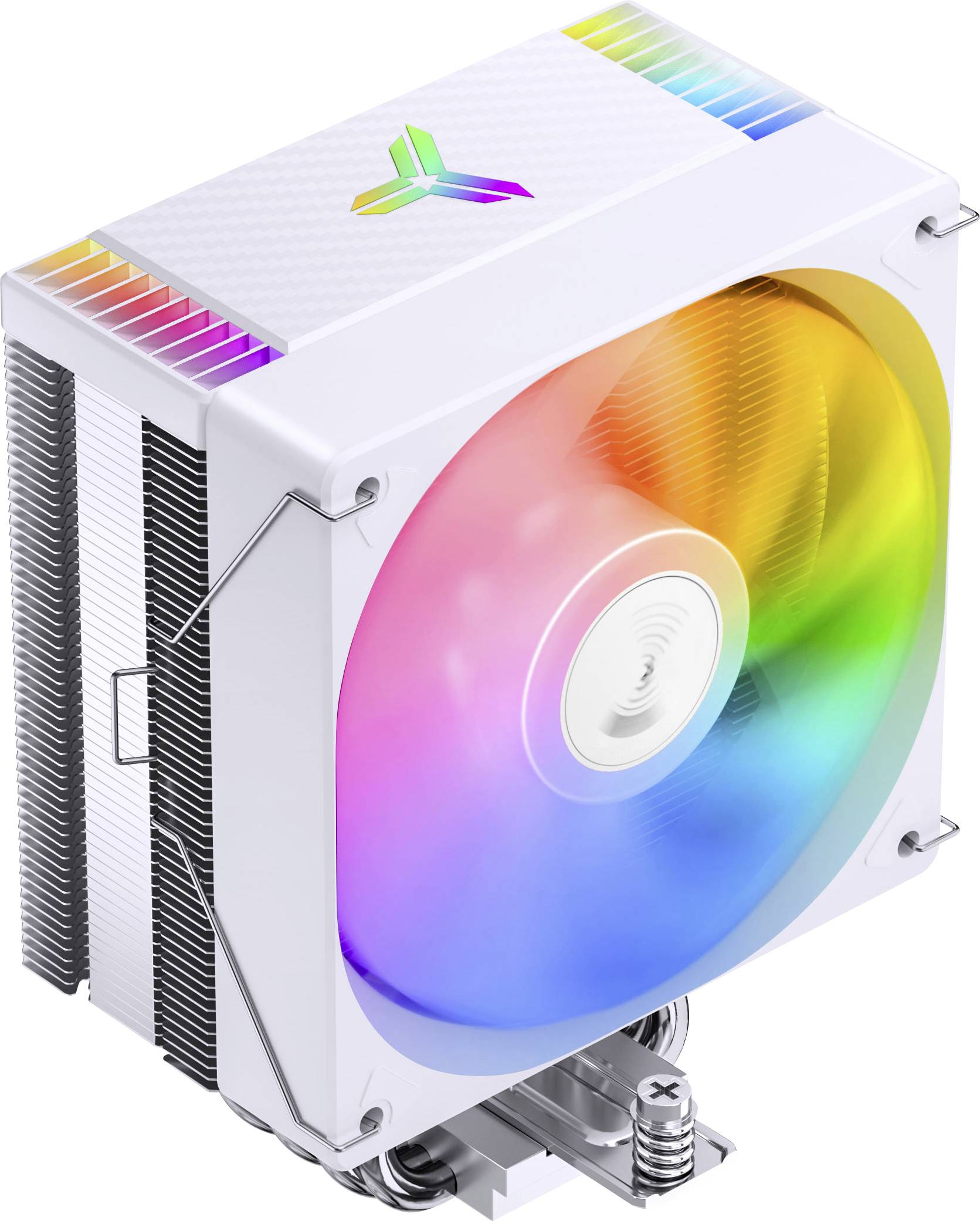 Beli računalniški hladilnik s hladilno lamelico in mavričnim RGB ventilatorjem, prikazan v 3D prikazu slogovnega izdelka.