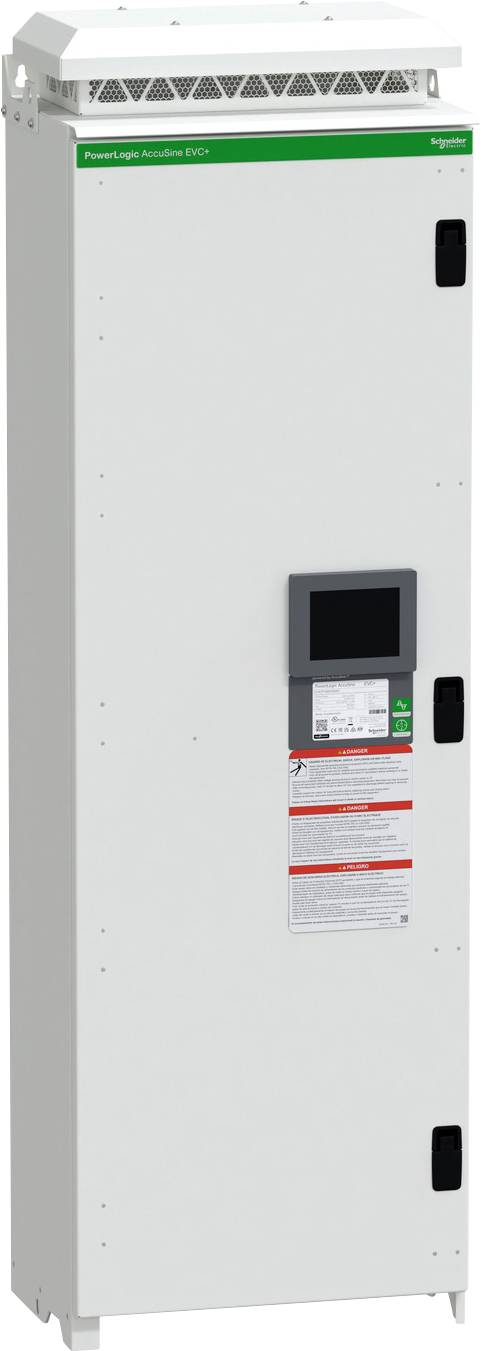 Velika bela električna omara ali razdelilni panel z ventilacijskimi režami na vrhu, majhnim prikazovalником in napisom na sprednji strani ter črnimi ročaji na boku.