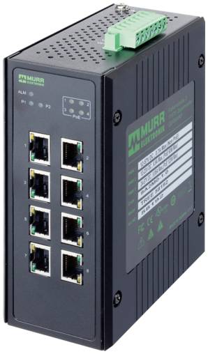 Črna industrijska Ethernet stikala znamke Murr s 8 RJ45 priključki, indikatorskimi LED diodami in zelenim terminalskim blokom na vrhu.