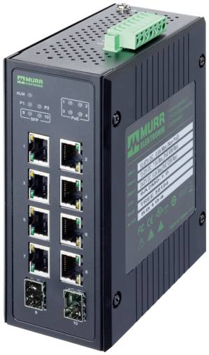 Industrijski omrežni stikalo Murr z 8 vrati Ethernet in 2 vrati SFP za povečanje zmogljivosti v črnem kovinskem ohišju.