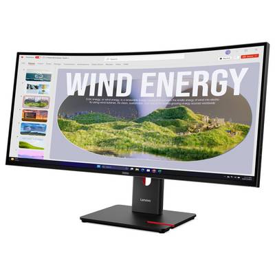Lenovo monitorja prikazuje predstavitveni prosojnic z naslovom »VETRNA ENERGIJA« s krajinsko fotografijo vetrnih turbin, kar nakazuje temo obnovljive energije.