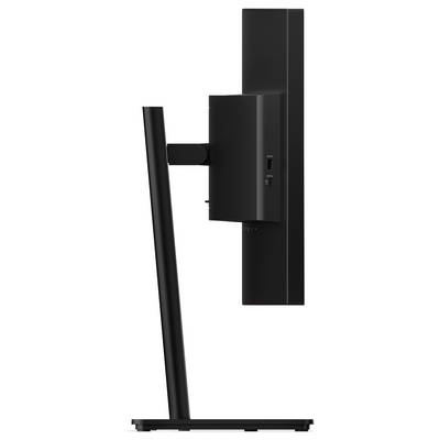 Pogled od zadaj na črn monitor na stojalu, ki prikazuje montažni krak in zadnji panel s priključki za kable.