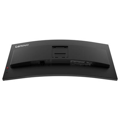 Zadnji pogled na ukrivljeni monitor Lenovo, ki prikazuje ventilacijske reže, montažo stojala, vrata in indikatorsko luč za napajanje.