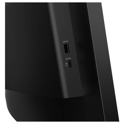 Podrobni pogled na sprednjo ploščo črne naprave, ki prikazuje dva priključka: priključek USB-A zgoraj in priključek USB-C spodaj, oba označena s simboli USB.