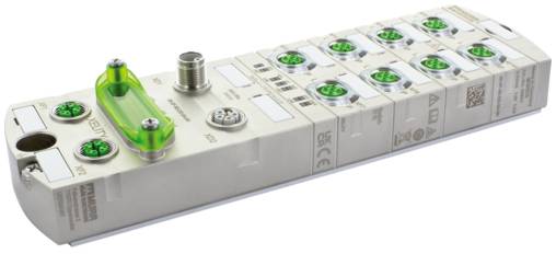 Beli industrijski elektronski modul z zelenimi vijačnimi sponkami in prozorno zeleno pokrovko na vrhu, prikazan izoliran na belem ozadju.