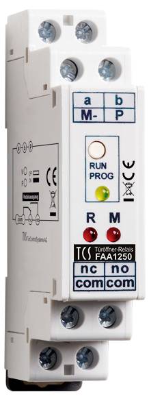 Modul električnega releeja, montiran na DIN-tračnico, označen z »T(h)er...F... FA1250« z označevalniki terminalov nc, no, com in indikatorskimi lučkami za RUN/PROG.