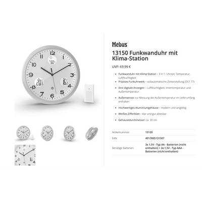 Slika izdelka Mebus 13150 radijsko vodene analogne ure z vremensko postajo, ki prikazuje čas, temperaturo, vlažnost in zunanji senzor; cena EUR99,90.