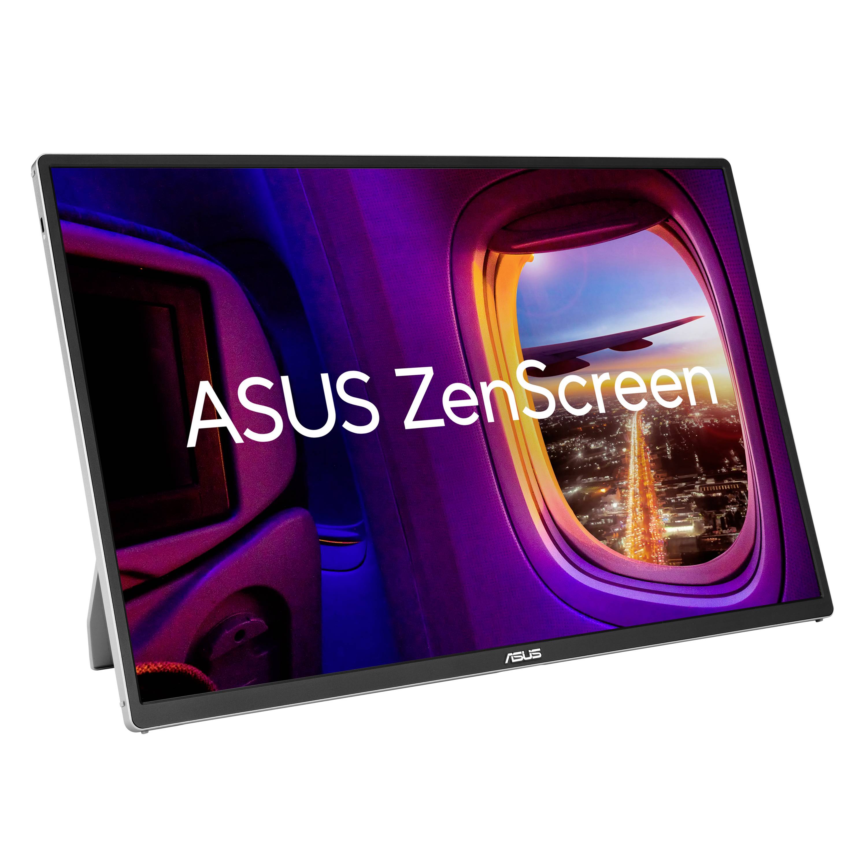 ASUS ZenScreen prenosni monitor, ki prikazuje pogled skozi letaloovo okno nad mestom ponoči, z logotipom »ASUS ZenScreen« na zaslonu.