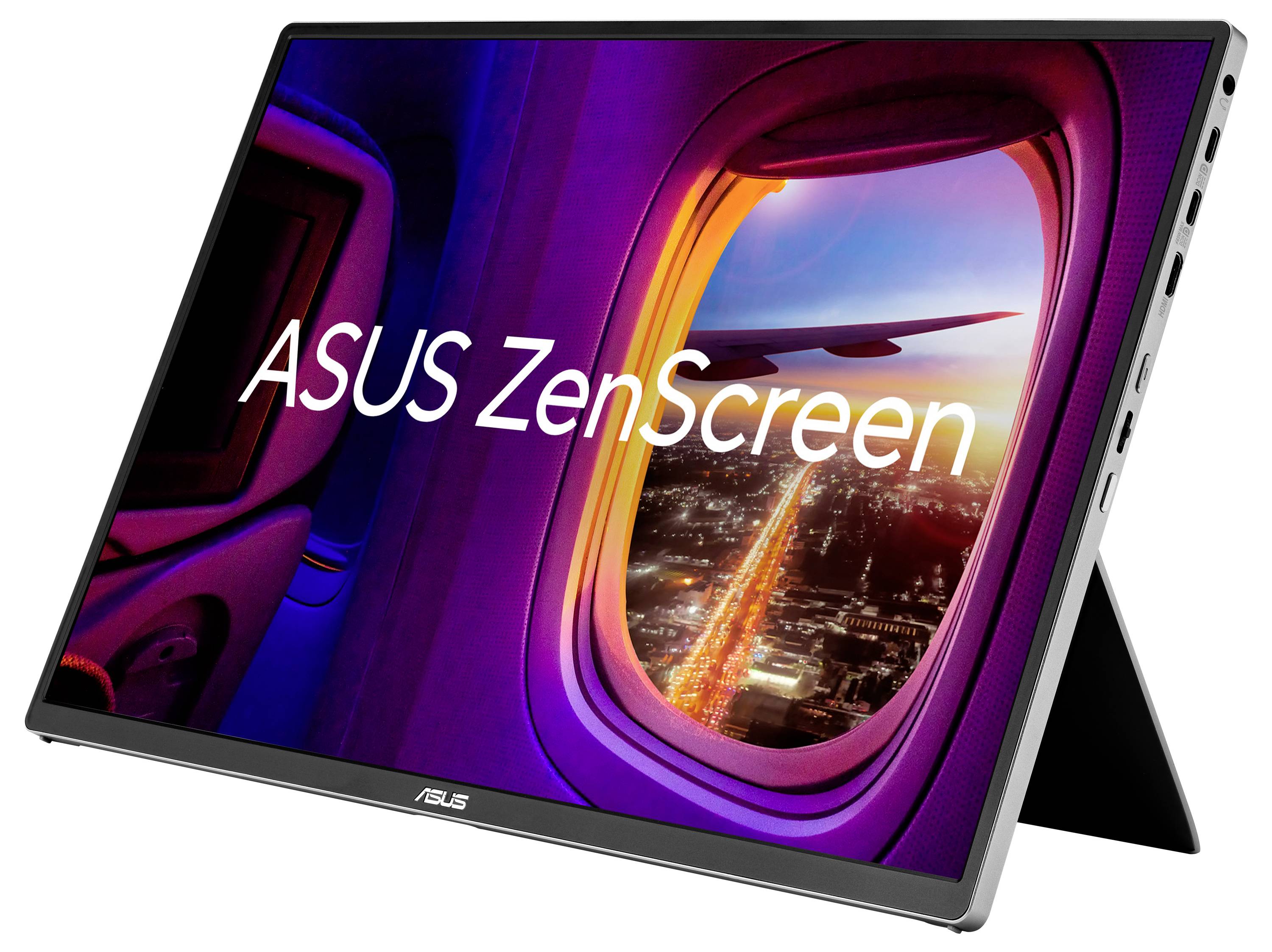 Prenosljiv monitor ASUS ZenScreen v ležečem položaju z živahnim prikazom mestne krajine skozi letalno okno in vgrajenim podstavkom.
