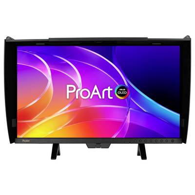 Pogled od spredaj na monitorja ASUS ProArt OLED na stojalu, ki prikazuje barvit abstrakt na zaslonu z znamko "ProArt".