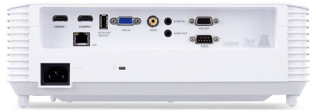 Zadnji pogled belega projektorja Epson s prikazom vhodnih vrat: HDMI, LAN, USB, VGA, avdio vhod/izhod, RS-232C in napajalni priključek.