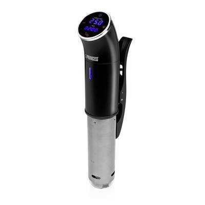Črno-srebrni potopni cirkulatorja z digitalnim zaslonom temperature, prikazan na beli podlagi.