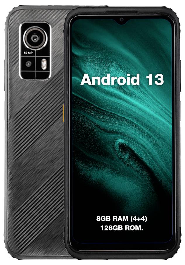Črn pametni telefon s sprednjim fotoaparatom in zaslonom, ki prikazuje »Android 13«, »8GB RAM (4+4)« in »128GB ROM«