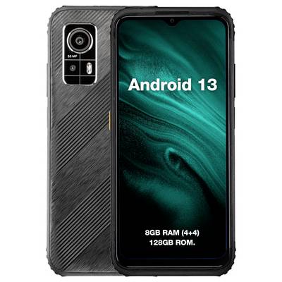 Črn pametni telefon s sprednjim fotoaparatom in zaslonom, ki prikazuje »Android 13«, »8GB RAM (4+4)« in »128GB ROM«