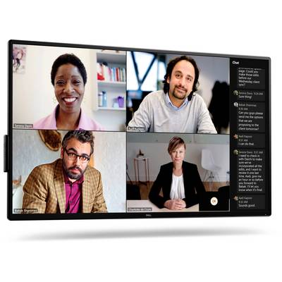 Videokonferenca na monitorju, ki prikazuje štiri udeležence v mreži 2x2 s panelom klepeta na desni strani, ki razpravlja o sinhronizaciji s strankijo v sredo.