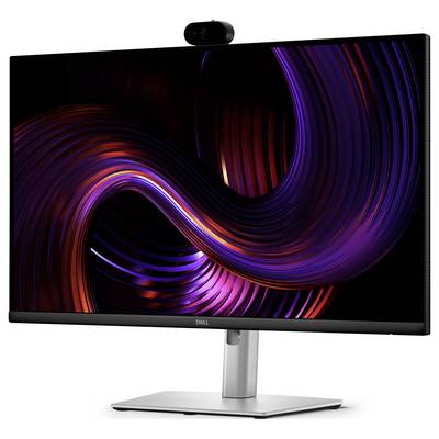 Dell namizni monitor s spletno kamero, nameščeno na vrhu, ki prikazuje abstraktne grafike s purpurnimi in oranžnimi vrtinci na črnem zaslonu.