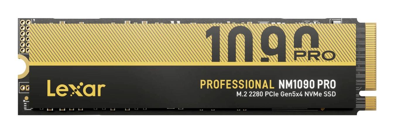 Lexar Professional NM1090 PRO M.2 2280 PCIe Gen5x4 NVMe SSD v črno-zlatem pakiranju, pogled od strani.