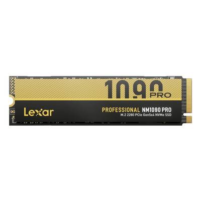 Lexar Professional NM1090 PRO M.2 2280 PCIe Gen5x4 NVMe SSD v črno-zlatem pakiranju, pogled od strani.