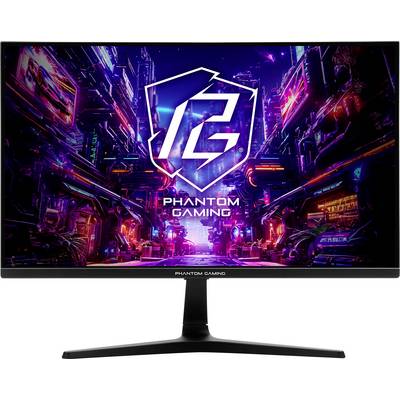 Računalniški monitor z neonsko kibernetsko logotipo "Phantom Gaming" in besedilom na ozadju futuristične mestne pokrajine.