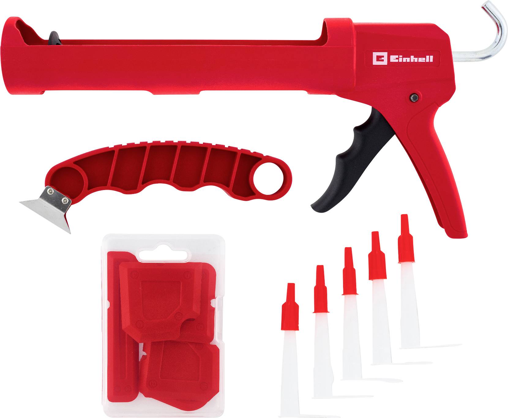 Rdečna pištola za kitanje s sprožilcem, nadomestni univerzalni nož, rdeče podložke za škrabljenje in pet nastavkov za šobe, prikazani na belem ozadju.