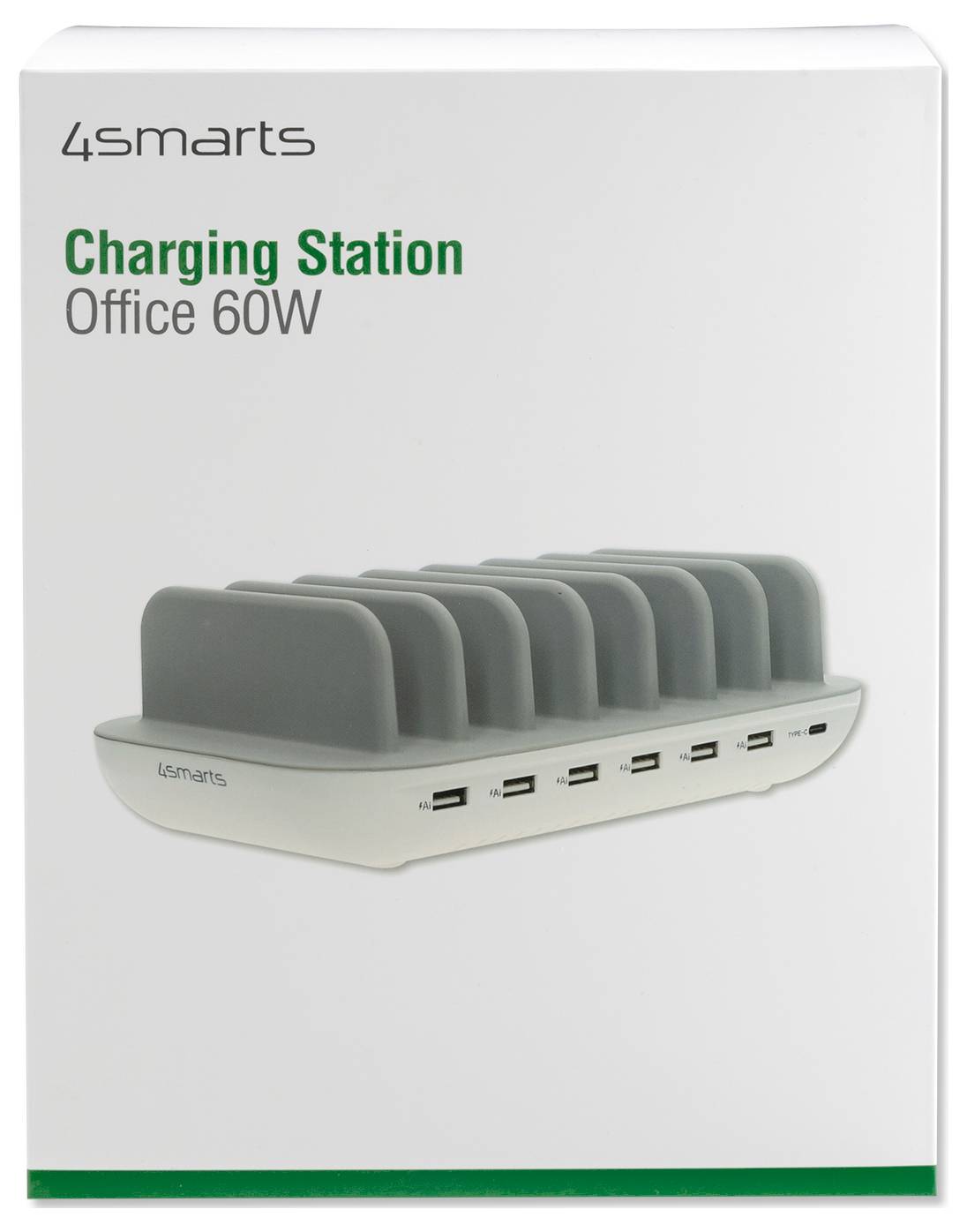 4smarts Polnilna postaja Office 60W na embalaži izdelka, ki prikazuje večnamenski polnilni priključek z več režami in sprednjimi USB priključki