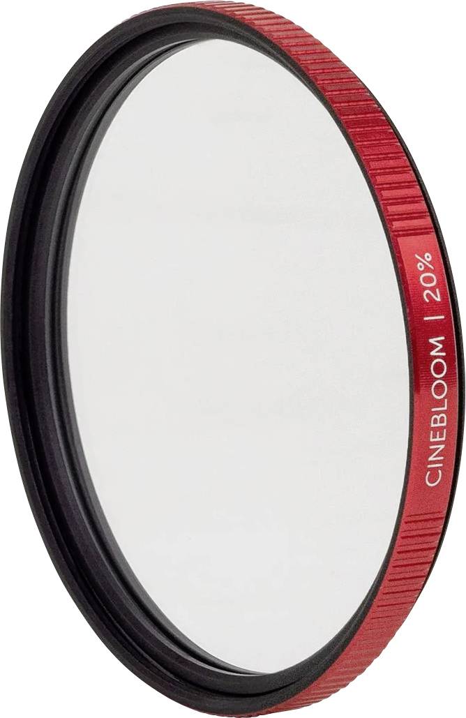 Rdeč okrogel filter za objektivom fotoaparata s tekstom 'CINEBLOOM 20%' na robu, prikazan pred enostavno belim ozadjem.