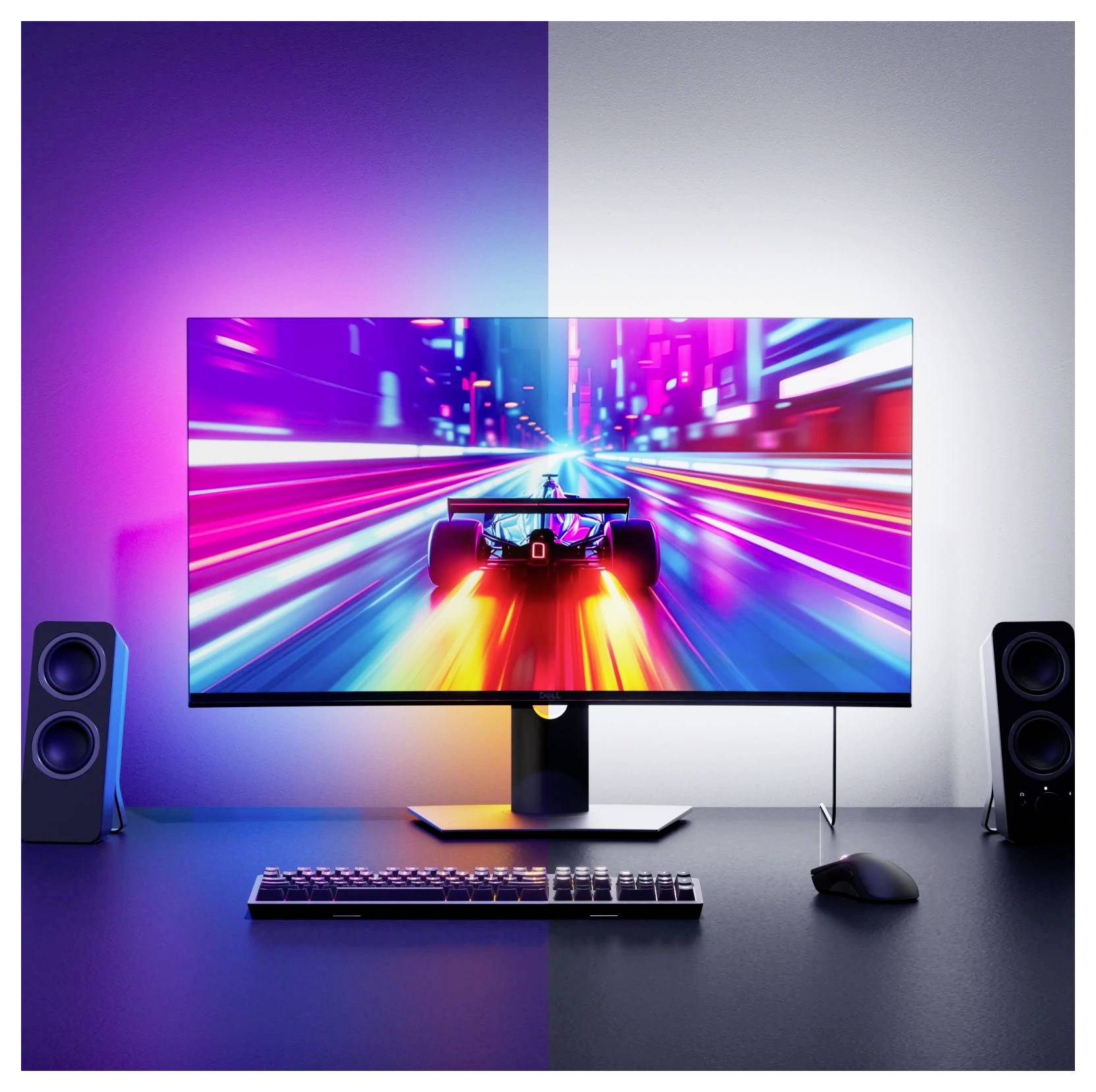 Futuristična namizna gaming postavka s širokozaslonskim monitorjem, RGB-osvetljenim mizi in zvočniki ter svetlečim učinkm podobnim kači v ospredju.