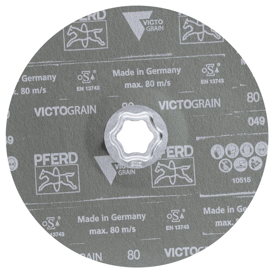 Detaljni pogled na abrazivni disk PFERD VICTOGRAIN s kovinskim sredičnim nosilcem, označen z "Made in Germany" in "max. 80 m/s".