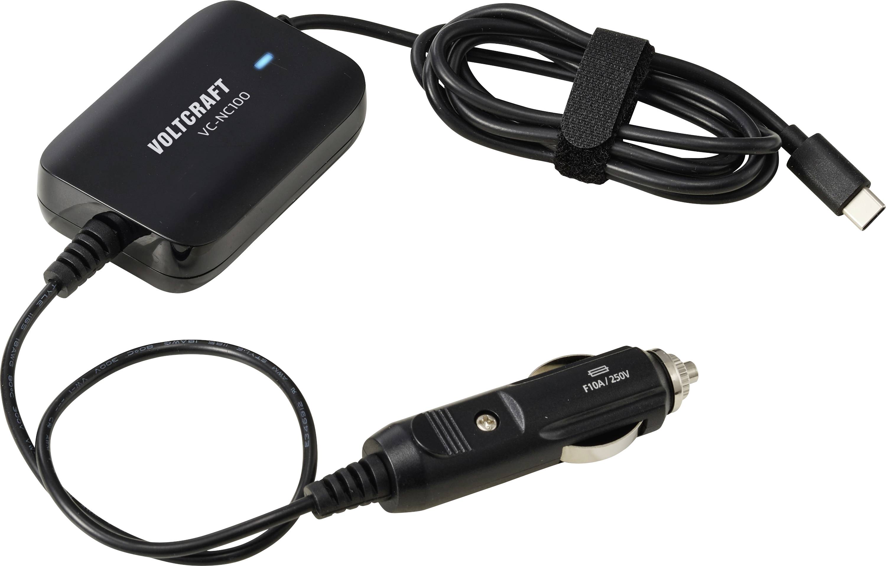 Voltcraft VC-100 avtomobilski polnilnik z USB-C kablom in priključkom za cigaretni vžigalnik, prikazan na belem ozadju.