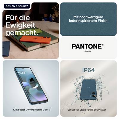 Oglaševalska grafika za lastnosti pametnega telefona: »Narejena za večnost«, s čičarjem navdihnjen videz, barva PANTONE, odporni Gorilla Glass 3 in zaščita IP64 pred prahom in brizganjem vode.