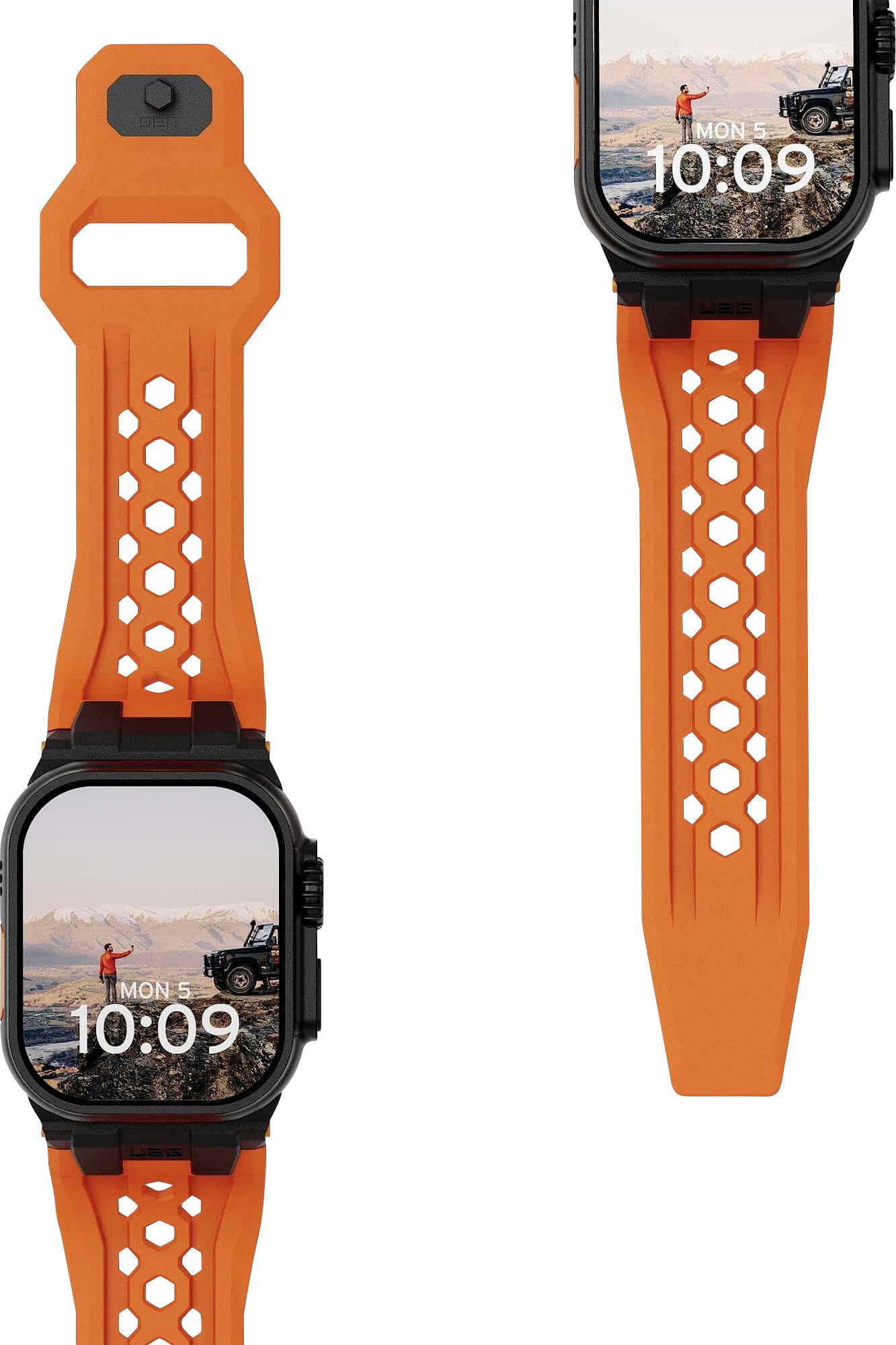 Oranžni perforiran silikon ur cujem prikazan z Apple Watch, prikazi spreda in zadaj na belem ozadju.
