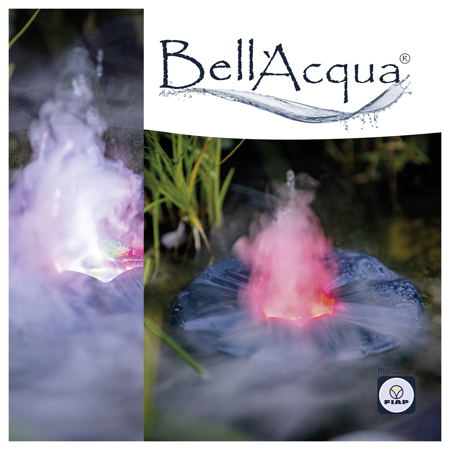 BellaAqua Mystic Fog Color produkt oglas, ki prikazuje barvno svetlobno napravo za megleni stroj, z okroglo napravo, napajalnikom in meglico, ki je osvetljena v barvah.
