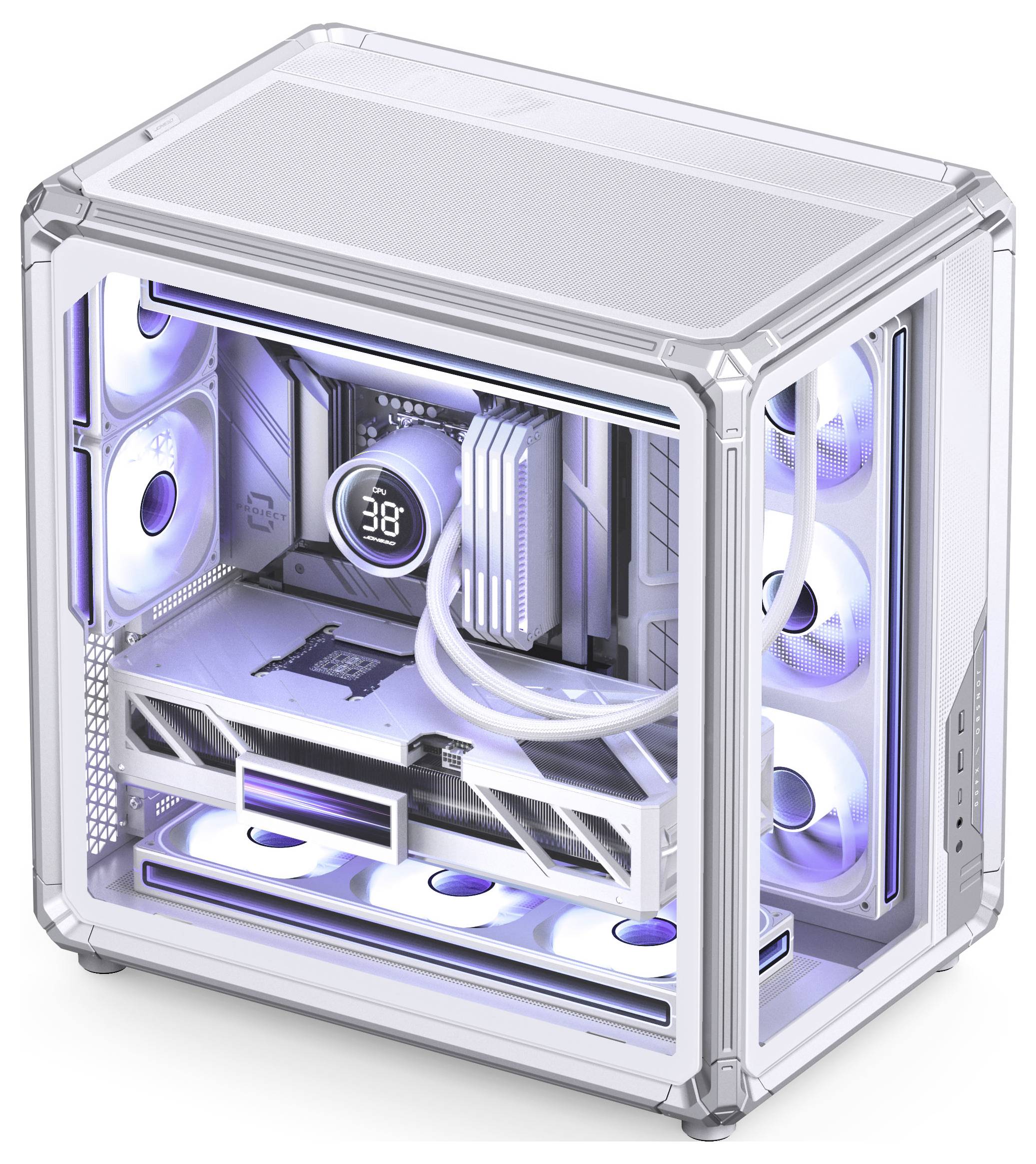 Transparentna namizna računalniška ohišja s svetilkami RGB hlajenimi ventilatorji, cevmi za tekočinsko hlajenje in vidnimi notranjimi komponentami v belém ohišju.