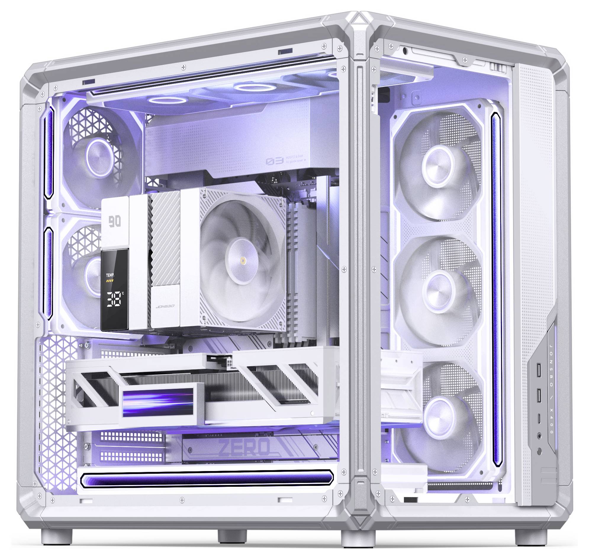 Bela gaming PC stolpa s stranskimi steklenimi paneli, RGB osvetlitvijo, velikim hladilnikom CPU-ja in več ventilatorji v primeru z dvema komorama.