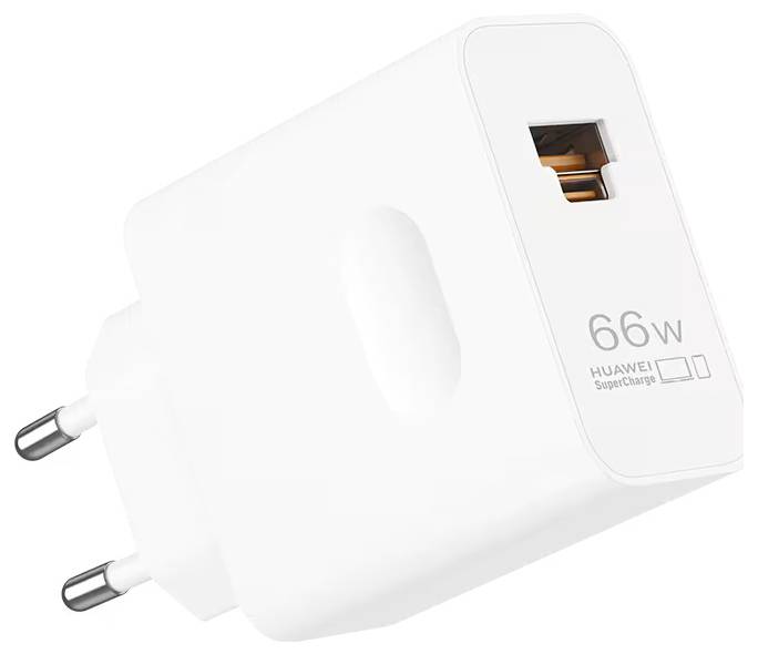 Beli Huawei polnilnik SuperCharge 66W za stensko vtičnico z dvema okroglima EU vtiči in enim USB priključkom.