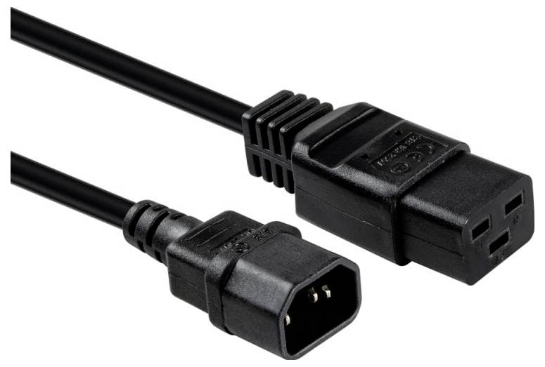 Črn podaljšni kabel IEC z moškima in ženskim konektorjema na beli podlagi