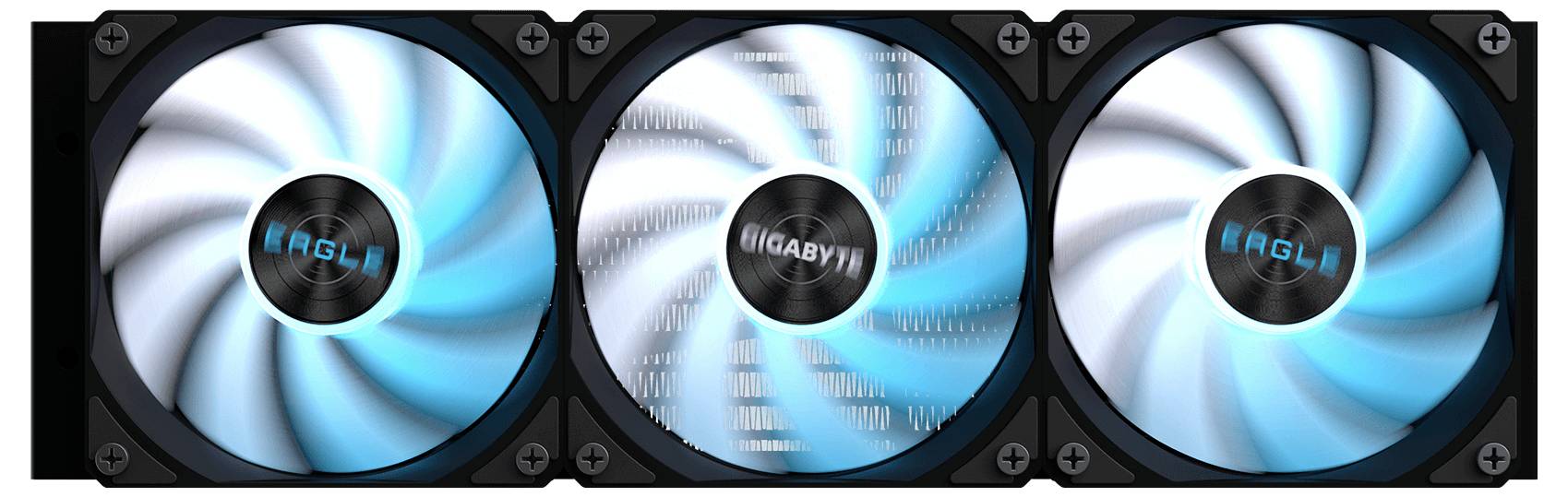 Tri modro osvetljeni računalniški hladilni ventilatorji v vrsti, s centralnim ventilatorjem označenim »GIGABYTE« in stranskimi ventilatorji označenimi »RGB«.
