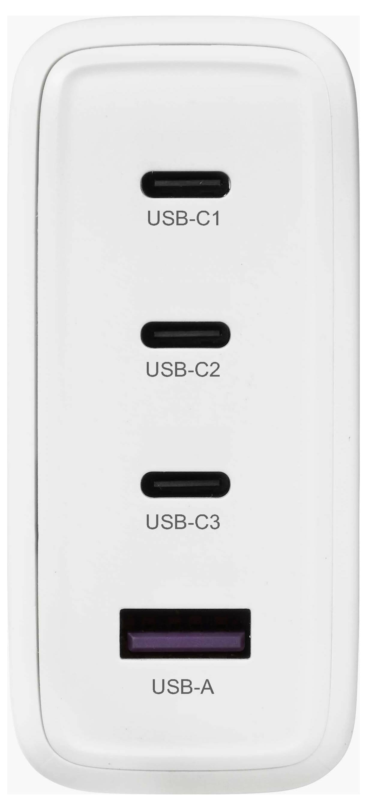 Beli USB polnilnik s štirimi vrati, označenimi kot USB-C1, USB-C2, USB-C3 in USB-A.